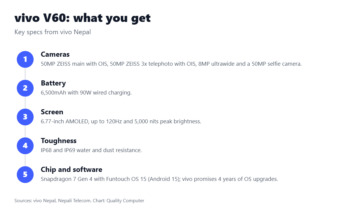 vivo V60 key specs: three ZEISS cameras with 50MP 3x telephoto, 6,500mAh with 90W, 6.77-inch AMOLED 5,000 nits, IP68 and IP69, Snapdragon 7 Gen 4