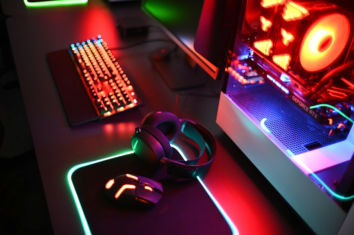 A gaming keyboard, mouse and headset