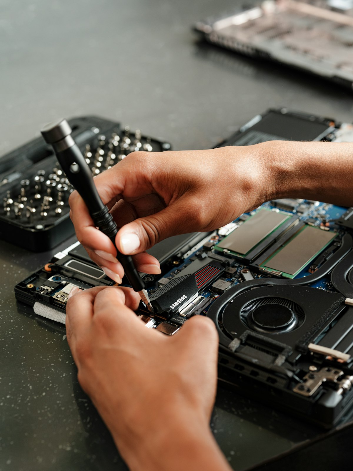 Working on the inside of a laptop