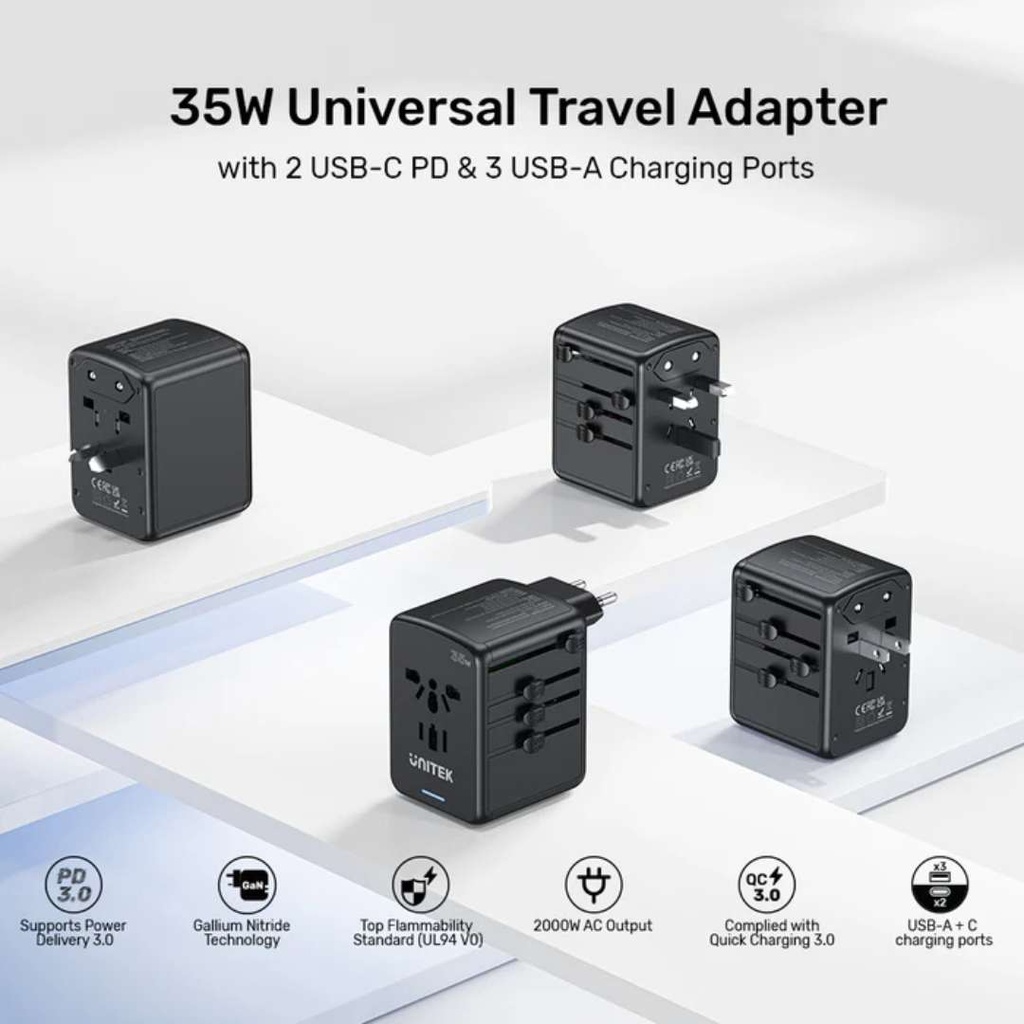 UNITEK P1121ABK01 35W Universal Travel Adapter with 2 USB-C PD & 3 USB-A Charging Ports