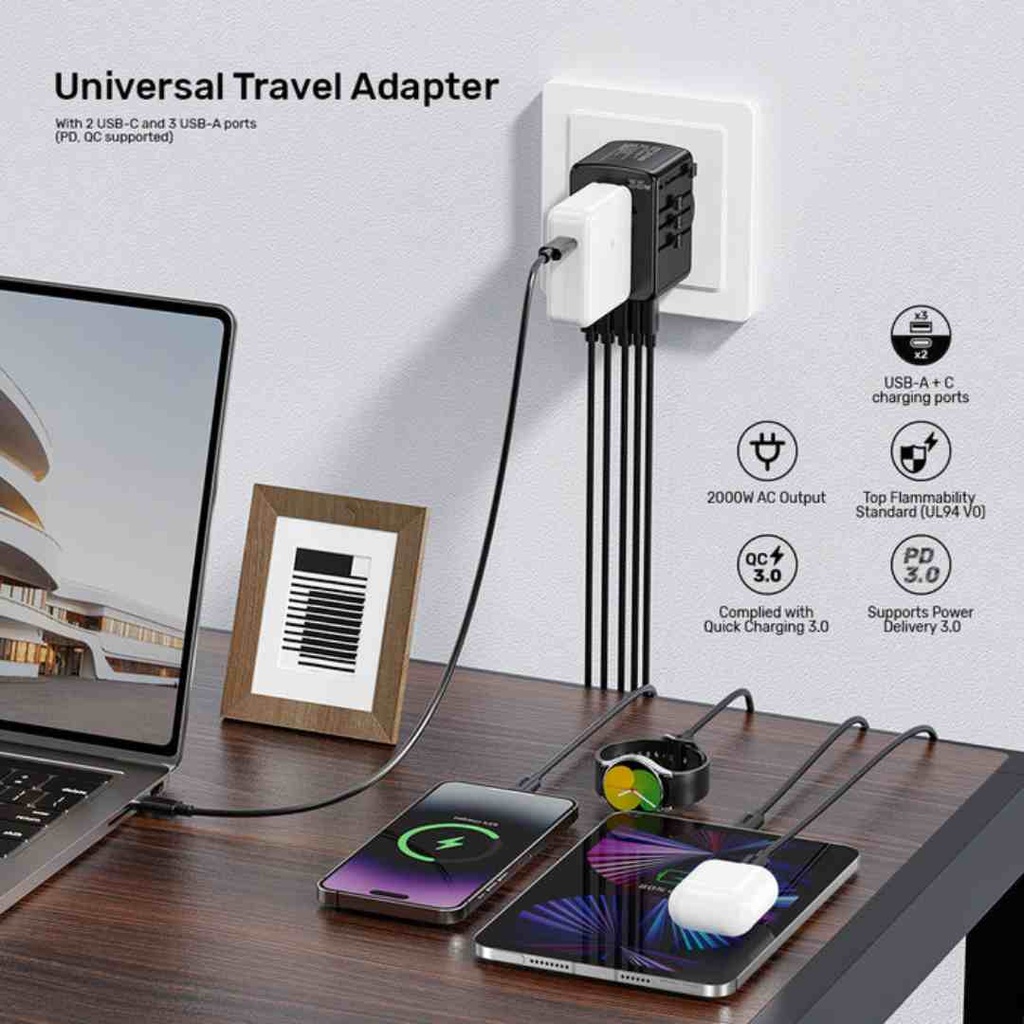 UNITEK P1121ABK01 35W Universal Travel Adapter with 2 USB-C PD & 3 USB-A Charging Ports