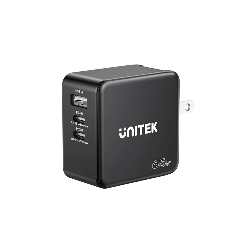 UNITEK P1117B 65W GaN Power Delivery Fast Travel Charger with Dual USB-C Power Delivery (PD) + USB-A QC3.0