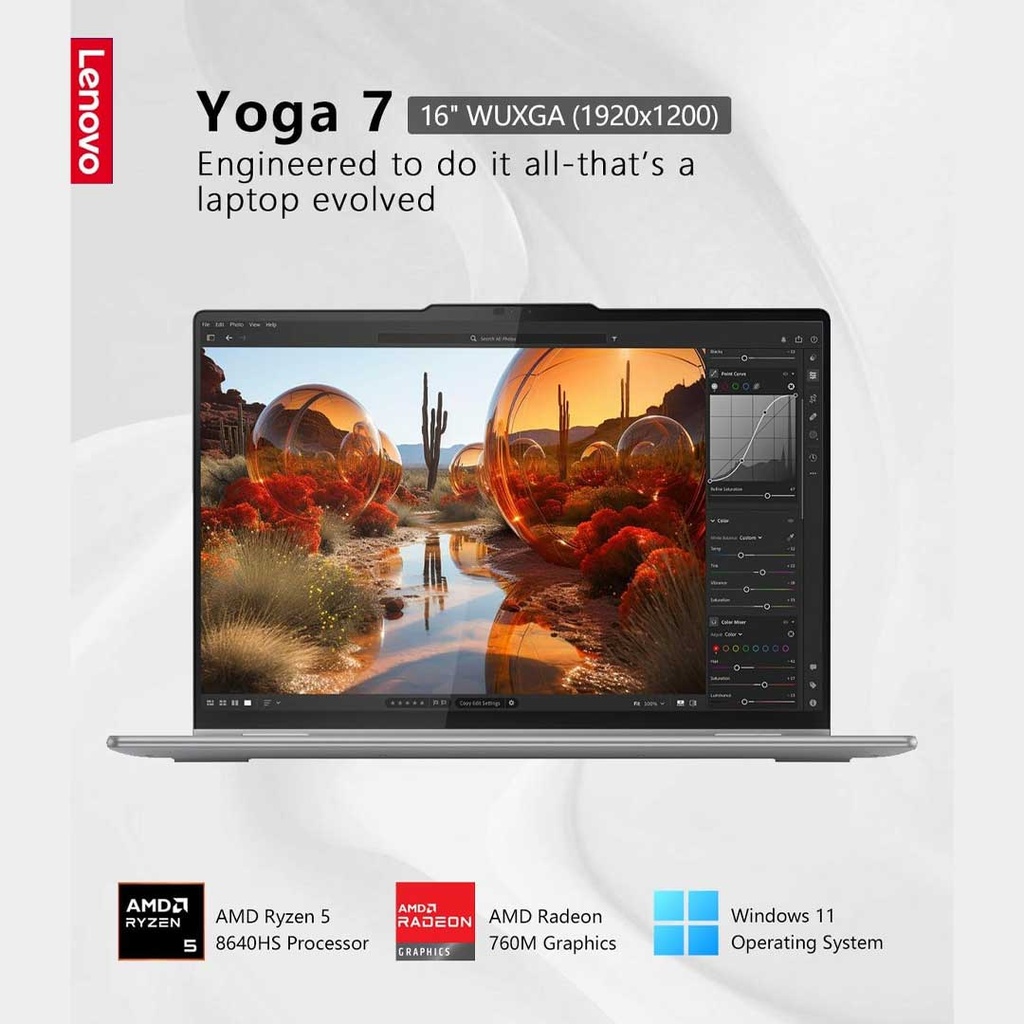 Lenovo Yoga 7 2-in-1 16AHP9 Ryzen 5 8640HS | 8GB RAM | 512GB SSD | AMD Radeon Graphics | 16" WUXGA IPS 360° Touch Screen | Fingerprint | Backlit Keyboard | Windows 11 Laptop | Arctic Grey | 1 Year Warranty