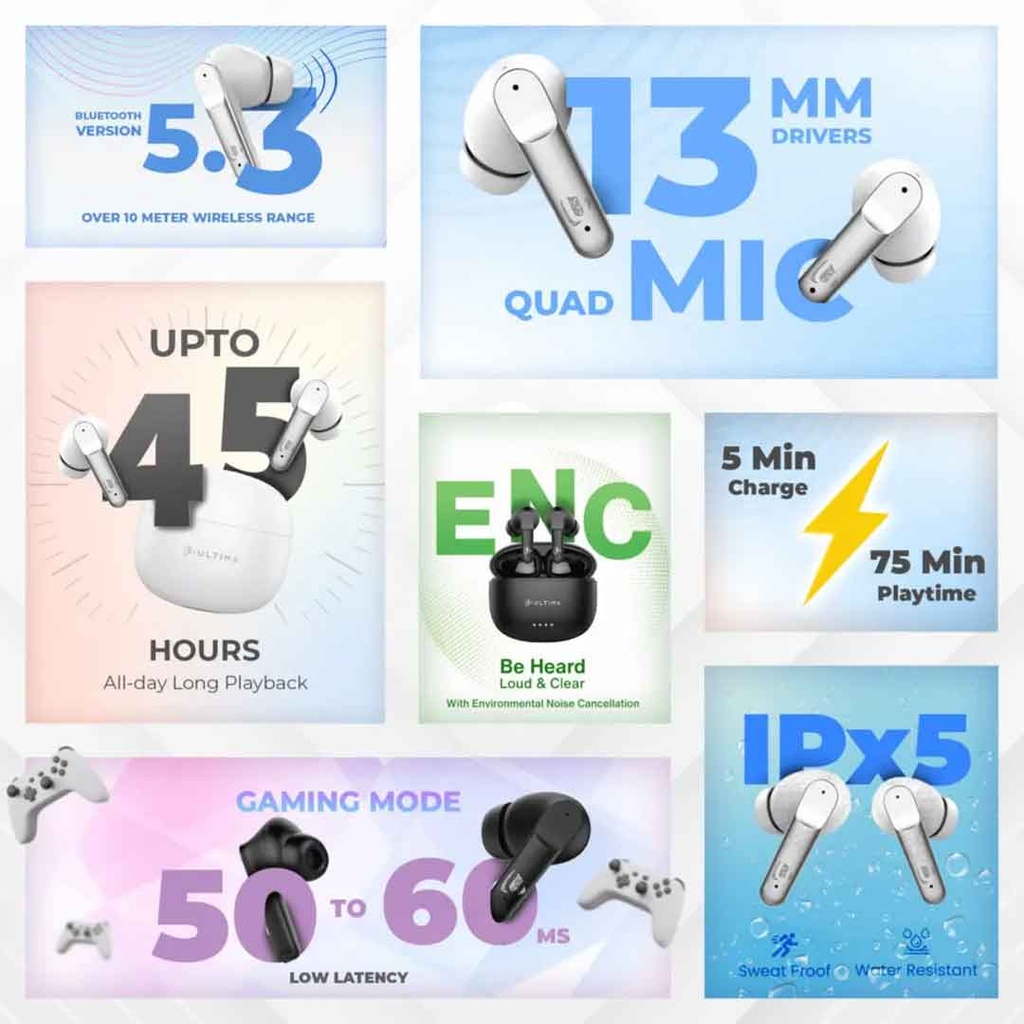 Ultima Atom 520 Pro Earbuds With 45Hrs Playback | ASAP Charging | 13MM Drivers | IPX5 Sweat Proof | ENC Noise Cancellation Wireless Earbuds