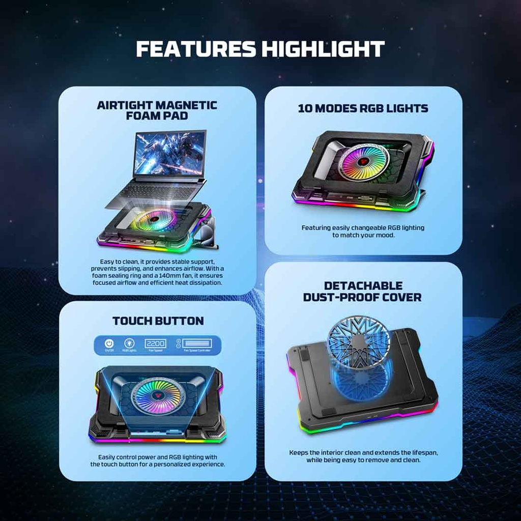 Fantech NC22 RGB Cooling Pad with Adjustable Fan Speed & Phone Holder
