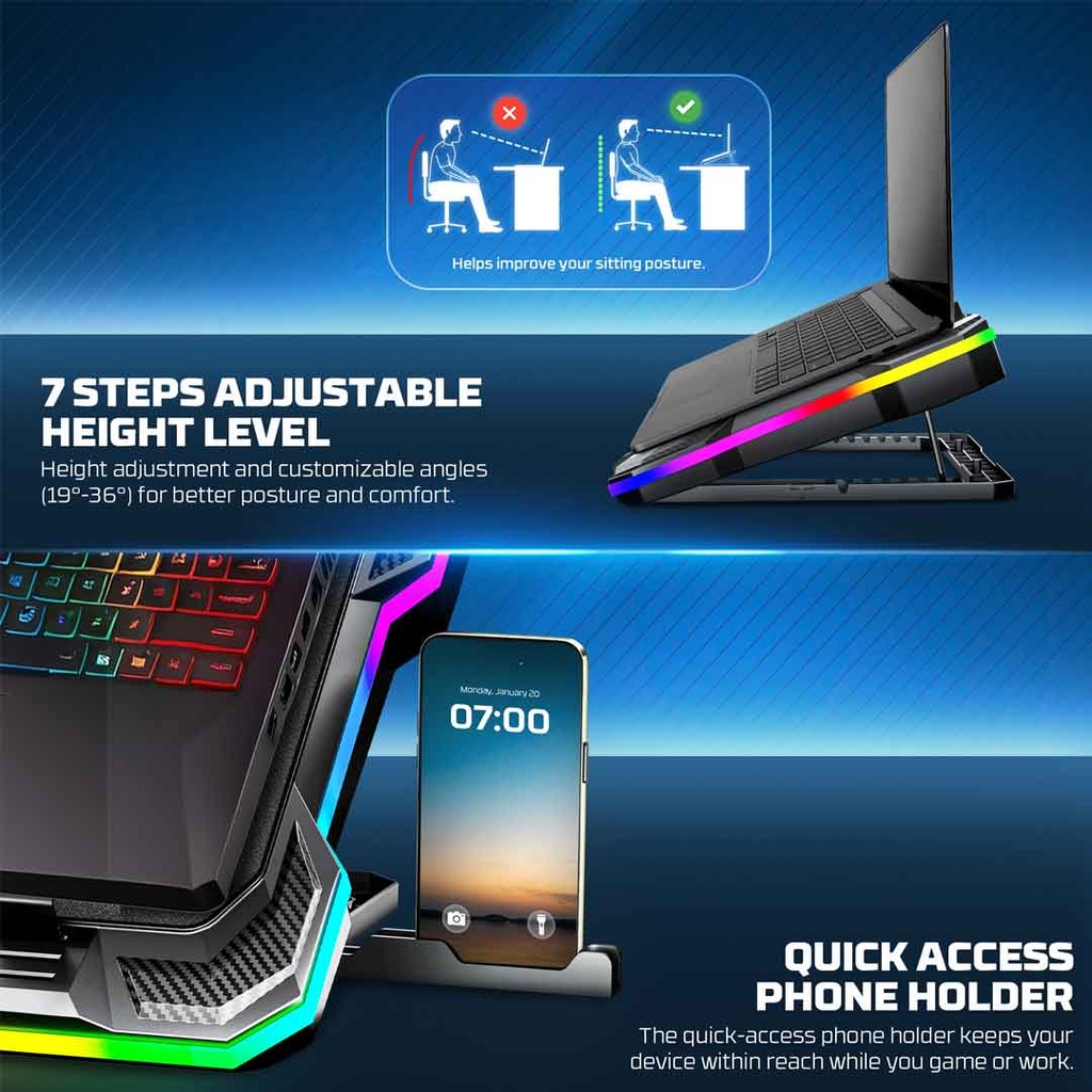 Fantech NC22 RGB Cooling Pad with Adjustable Fan Speed & Phone Holder