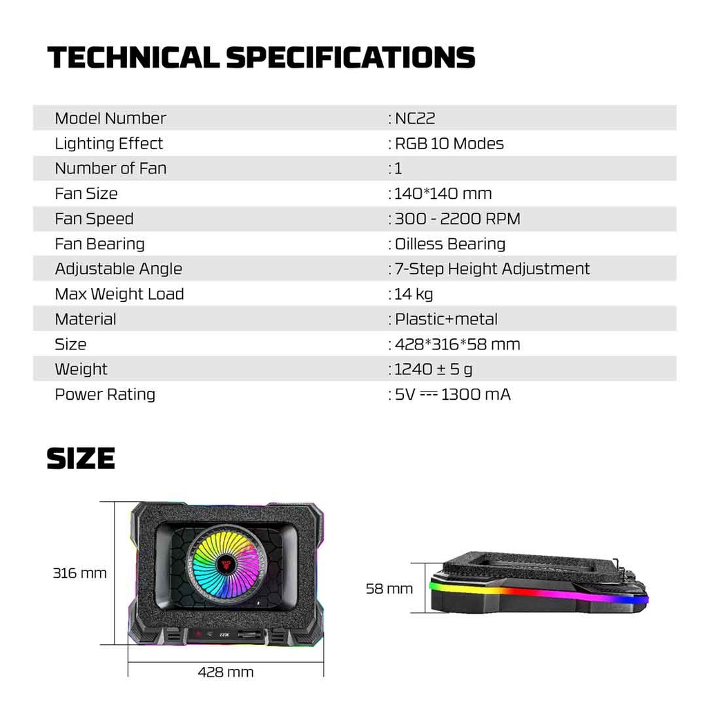 Fantech NC22 RGB Cooling Pad with Adjustable Fan Speed & Phone Holder