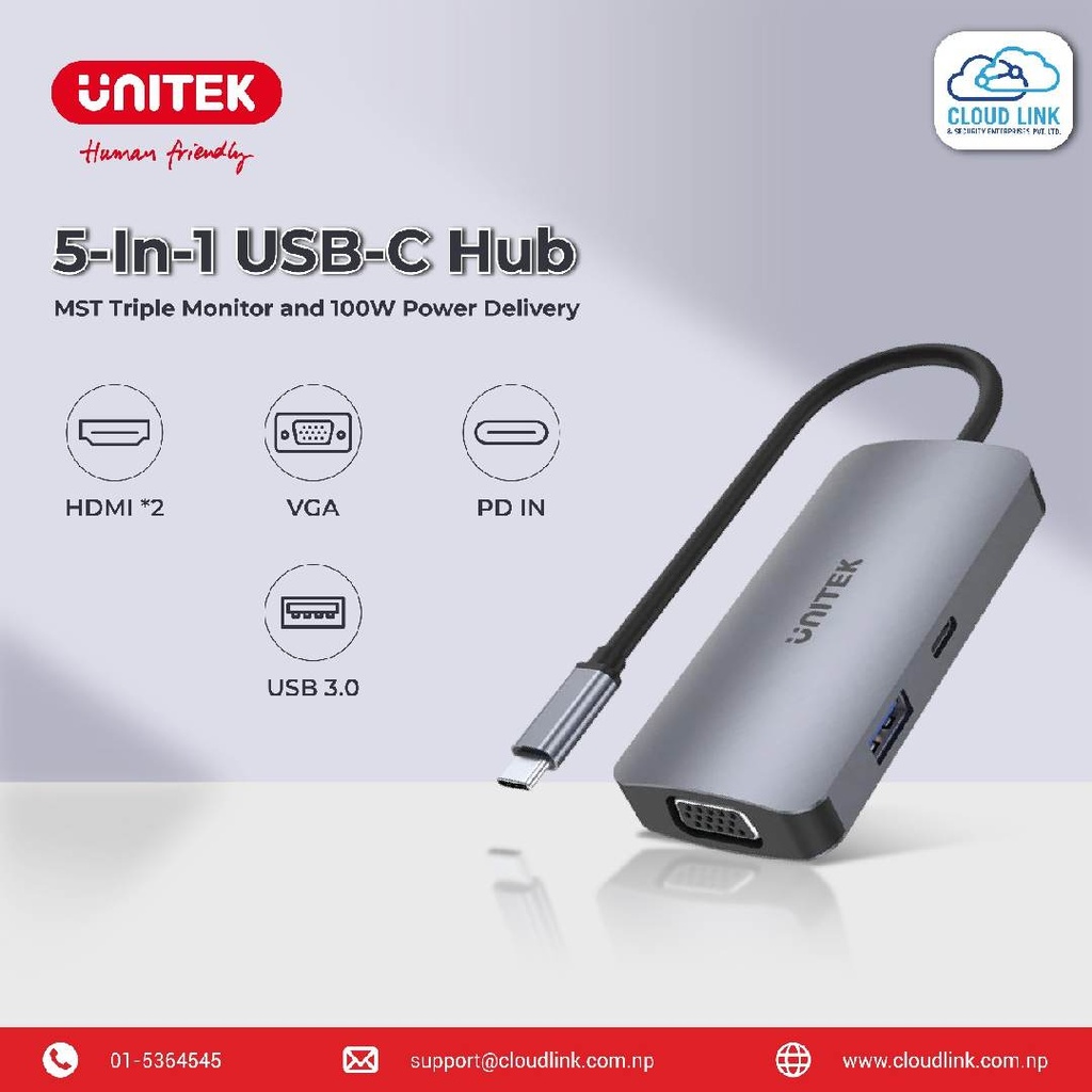 UNITEK D1051A uHUB P5 Trio 5-in-1 USB-C MST Hub with 2-Port HDMI, VGA, USB-A 5Gbps and PD 100W Power Delivery