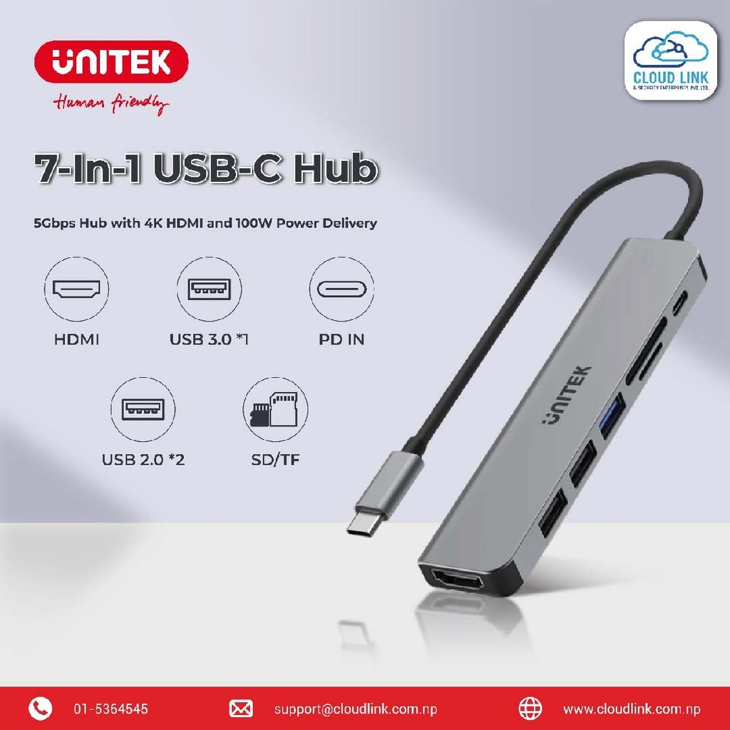 UNITEK H1118A uHUB S7+ 7-in-1 USB-C 5Gbps Hub with 4K HDMI and 100W Power Delivery