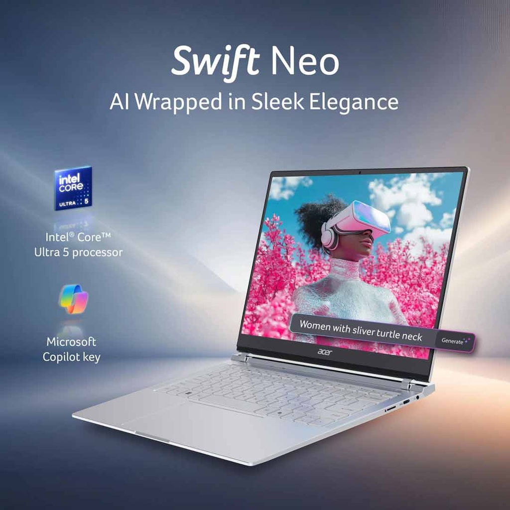 Acer Swift Neo (SFN14-54H) Intel® Core Ultra 5-115U | 16GB RAM | 512GB SSD | Intel® Graphics | 14″ OLED Display | Windows 11 | Backlit Keyboard | Light Silver | 1 Years Warranty