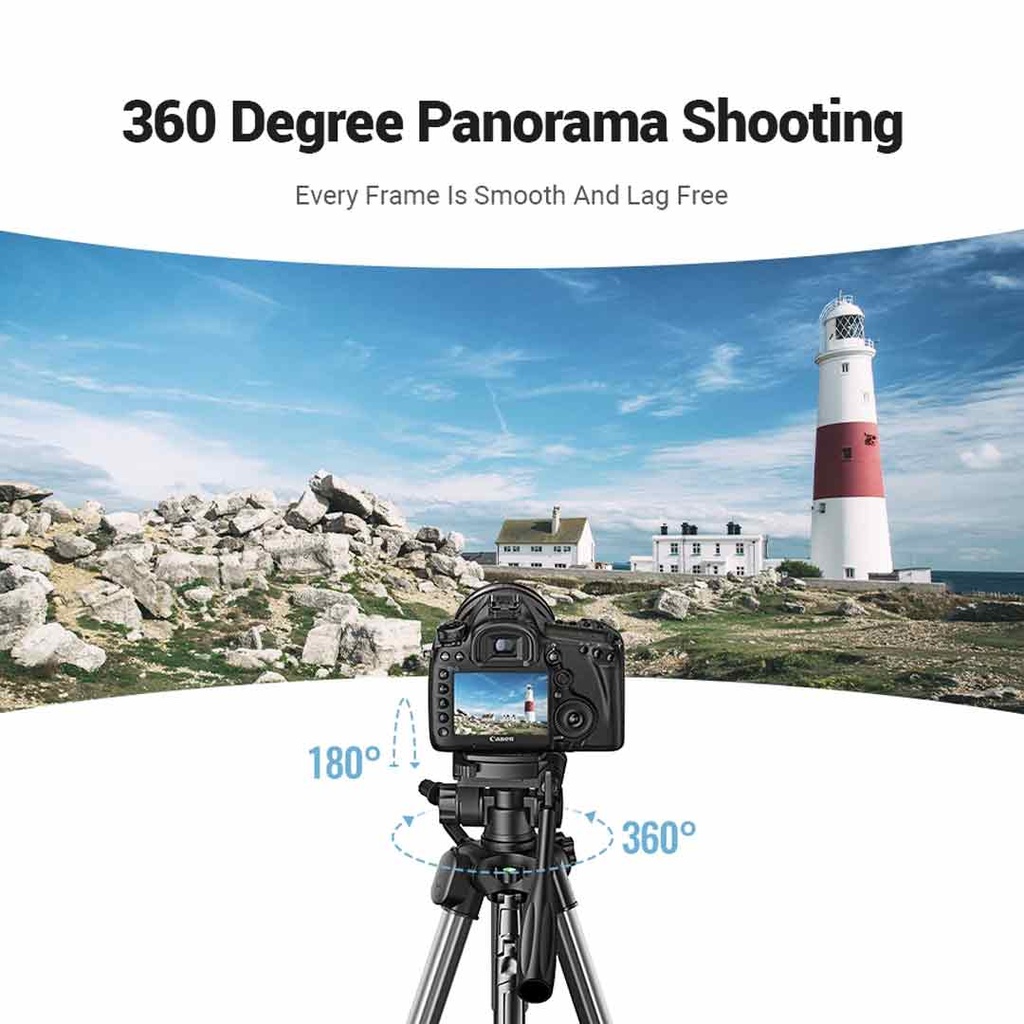 UGREEN Adjustable (53.5-175cm) Aluminum Travel Camera Tripod with 3-Way Pan Head Phone Holder DSLR iPhone Android 15187