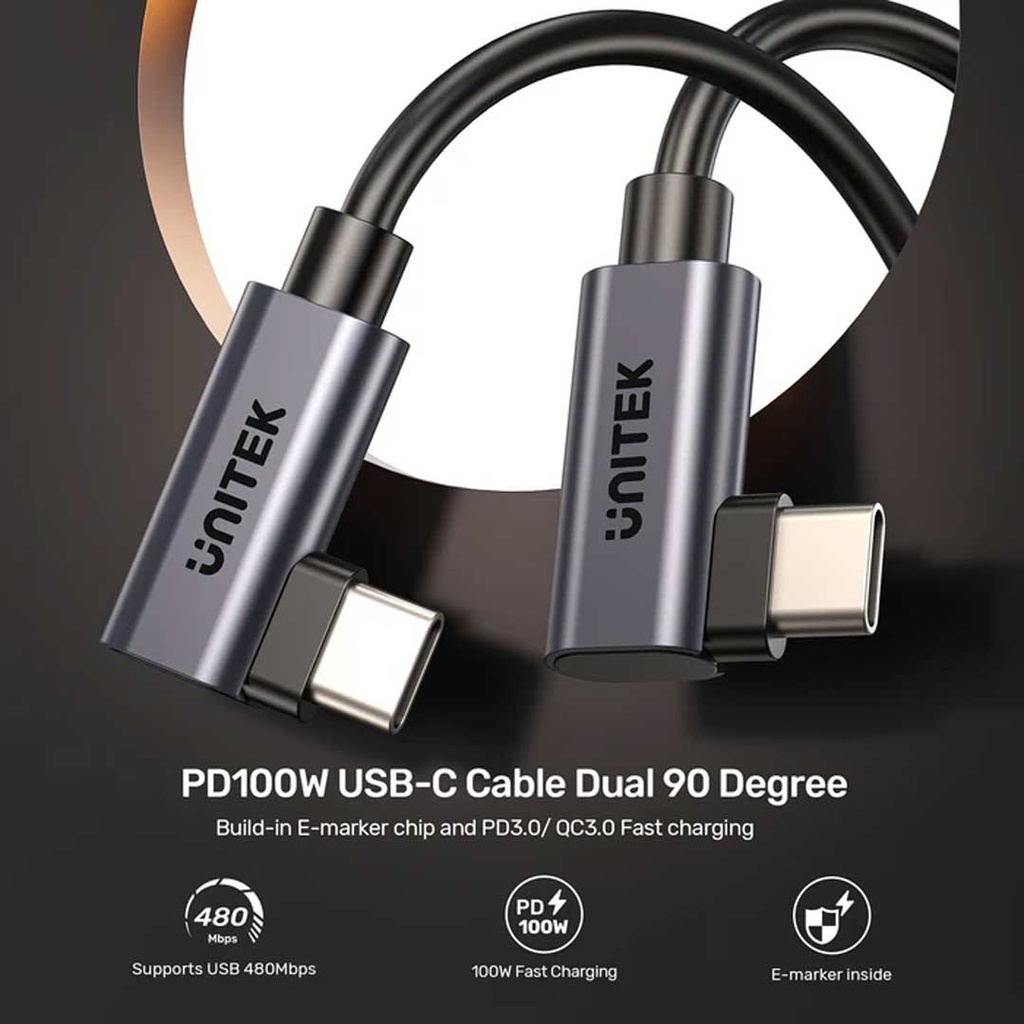 UNITEK C14147ABK01 PD 100W 1Meter USB-C Dual 90 Degree Cable