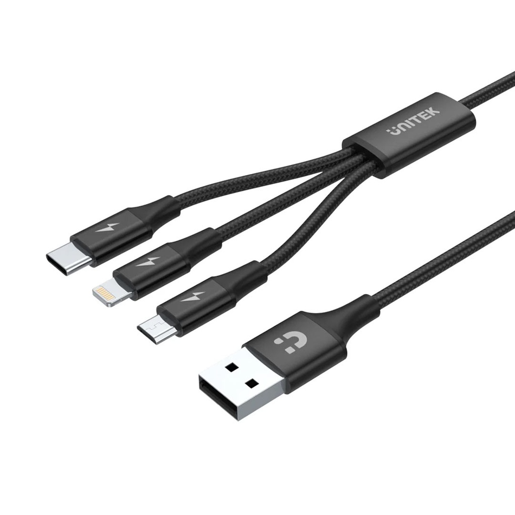UNITEK C14049BK 3-in-1 USB-A to USB-C Micro USB Lightning Multi Charging Cable