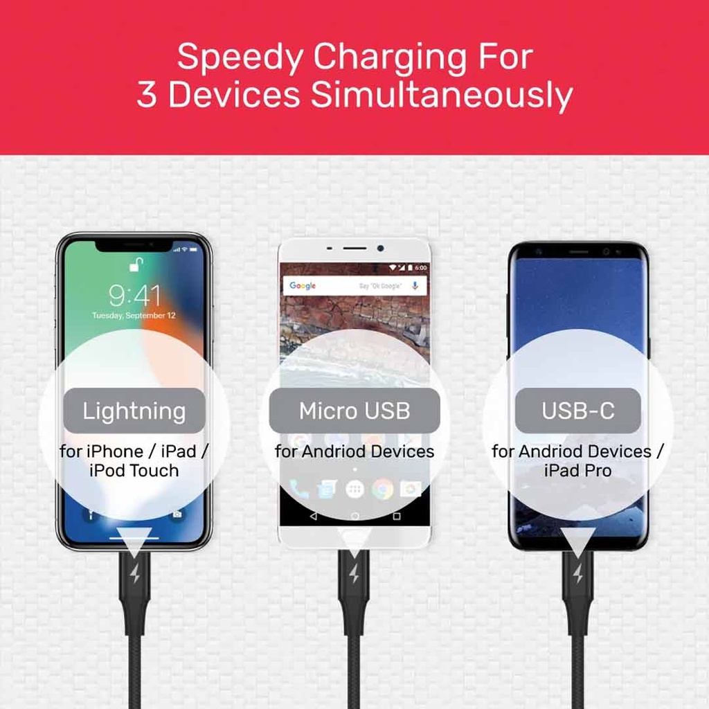 UNITEK C14049BK 3-in-1 USB-A to USB-C Micro USB Lightning Multi Charging Cable