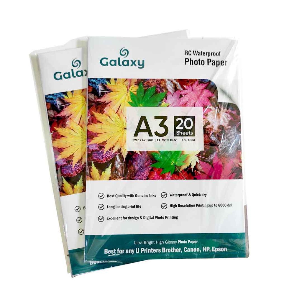 Galaxy A3 (180gsm, Resin Coated) Glossy Photo Paper (20 Pcs Box)