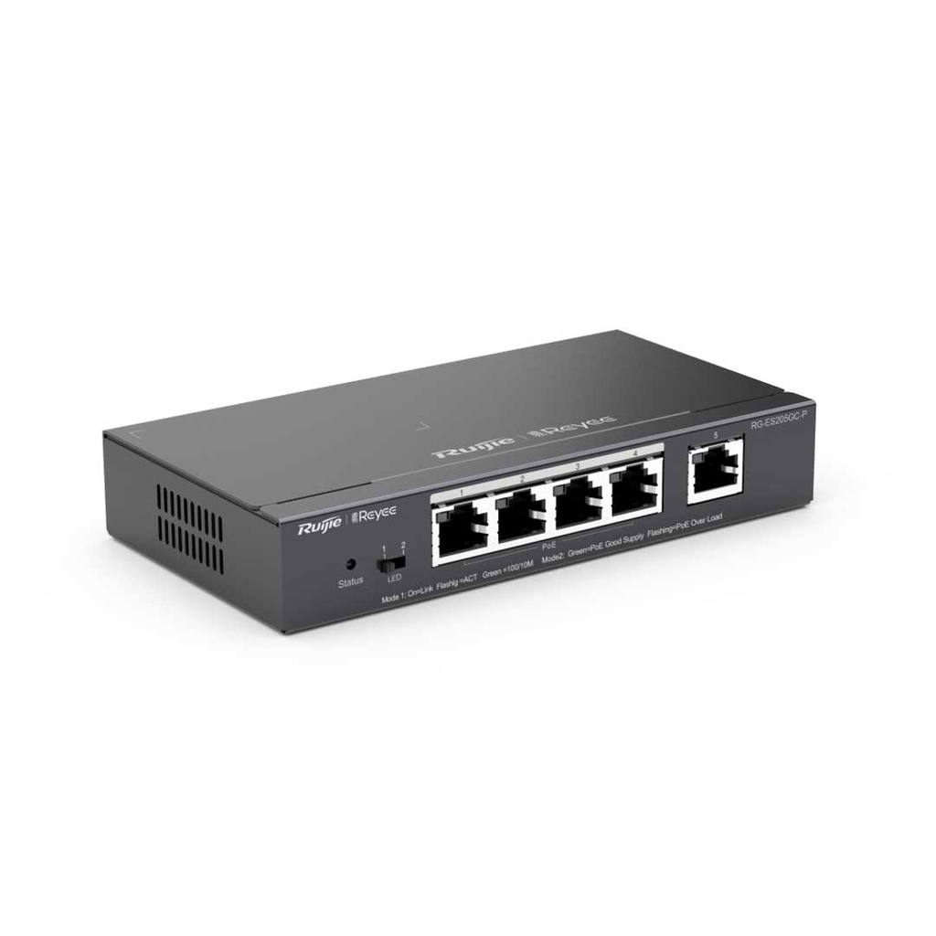 Ruijie Reyee RG-ES205GC-P, 4-Port 10/100/1000 Mbps PoE+ with 1-Port Gigabit Cloud Mananged Switch