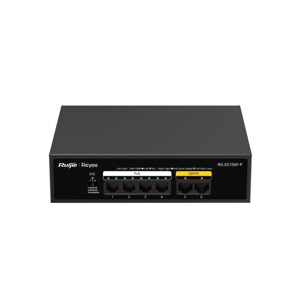 Ruijie Reyee RG-ES106F-P 4-Port 10/100mbps POE With 2-Port FE Unmanaged Metal Switch