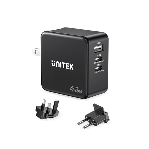 UNITEK P1117B 65W GaN Power Delivery Fast Travel Charger with Dual USB-C Power Delivery (PD) + USB-A QC3.0