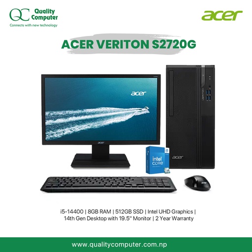 Acer Veriton S2720G i5-14400 | 8GB RAM | 512GB SSD | Intel UHD Graphics | 14th Gen Desktop with 19.5" Monitor | 2 Year Warranty